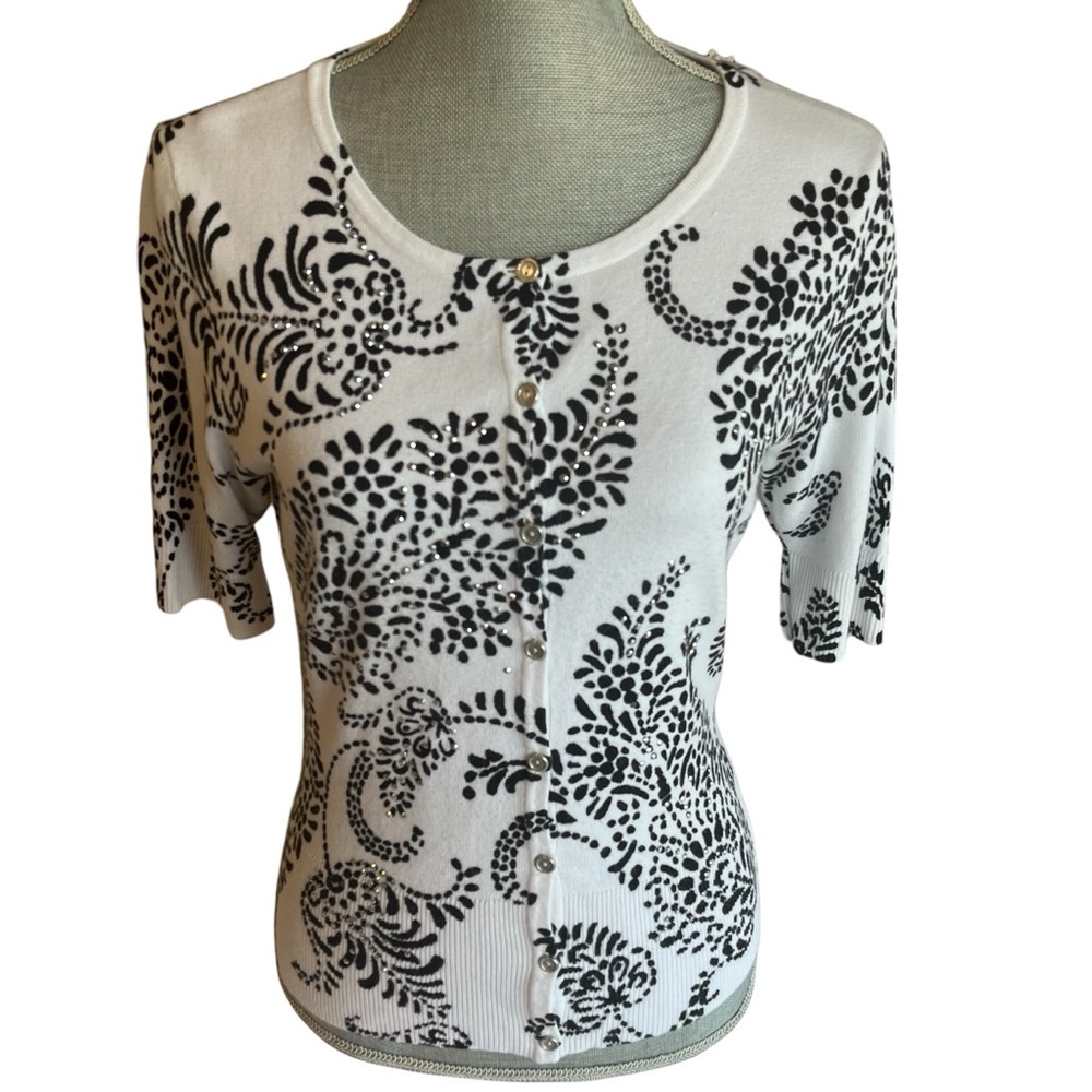 White House Black Market Short Sleeve Paisley Print Rhinestone Cardigan Size M